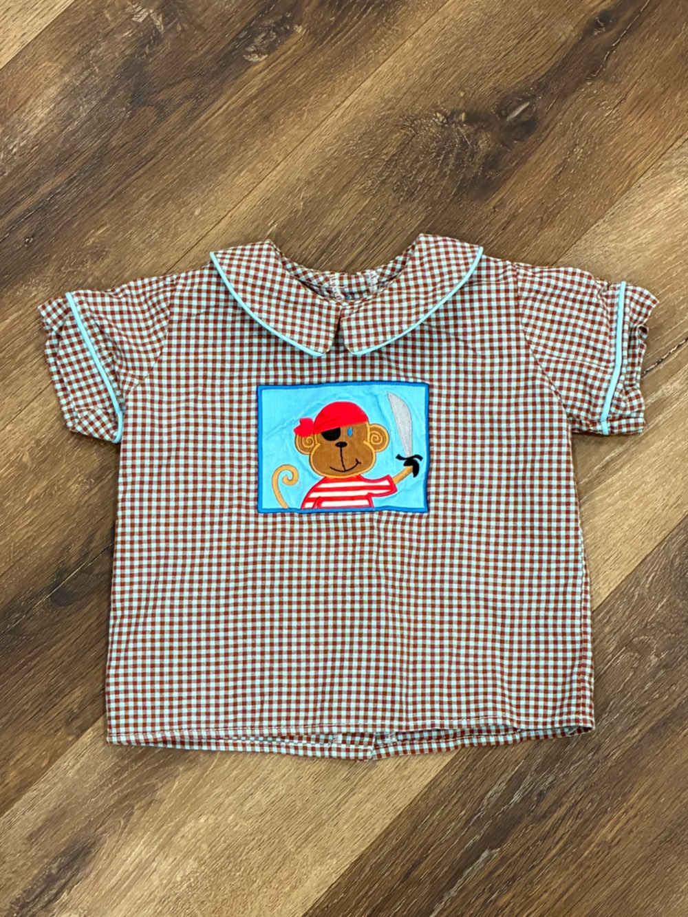 Mulberry Street Brown Blue Collar Monkey Pirate Shirt Gingham